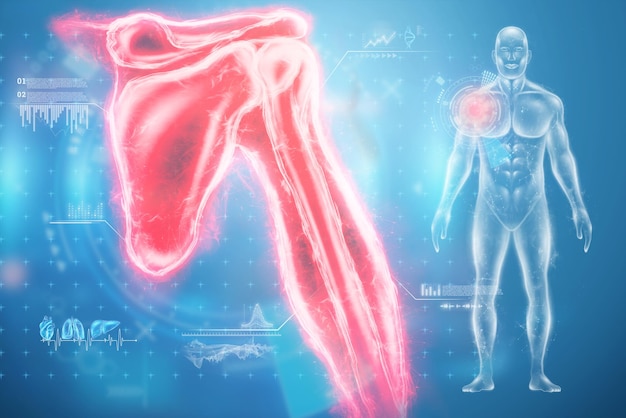 Poster medico, anatomia del corpo umano, radiografia dell'articolazione della spalla, ologramma delle ossa. Il medico esamina l'ologramma radiografico del paziente. Chirurgia, medicina moderna, tecnologia.