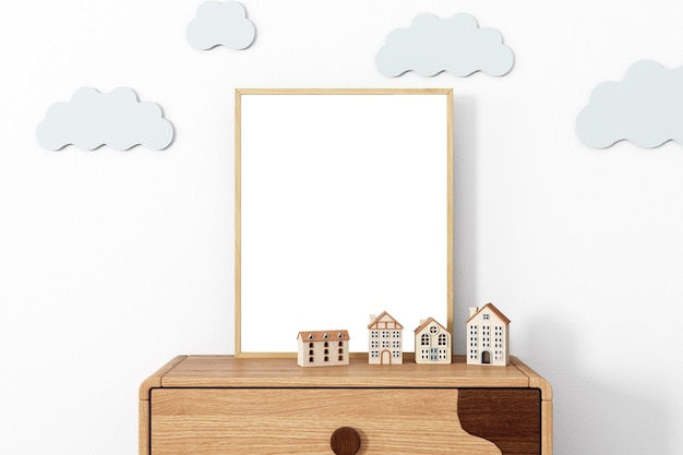 Poster Mockup 8x10 nella stanza dei bambini con nuvole blu e un cassettiere in legno contro un bianco