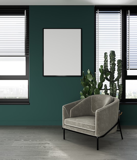 Poster mockup nel soggiorno con parete verde, poltrona, decorazione per la casa e cactus, rendering 3d, illustrazione 3d