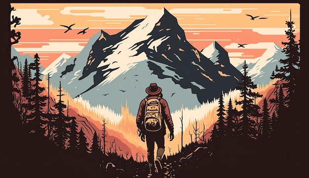 Poster motivazionale della natura all'aperto dell'avventura generativa AI generato dall'intelligenza artificiale con l'uomo in piedi davanti a un'arte grafica di montagna