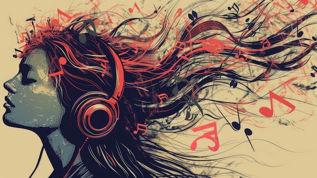 Poster musicale donna con capelli di strumento musicale generato da AI Immagine