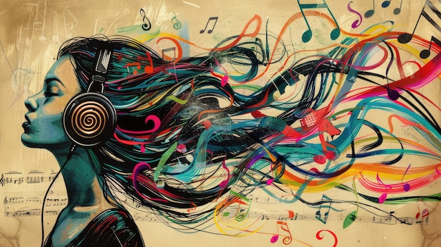Poster musicale donna con capelli di strumento musicale generato da AI Immagine