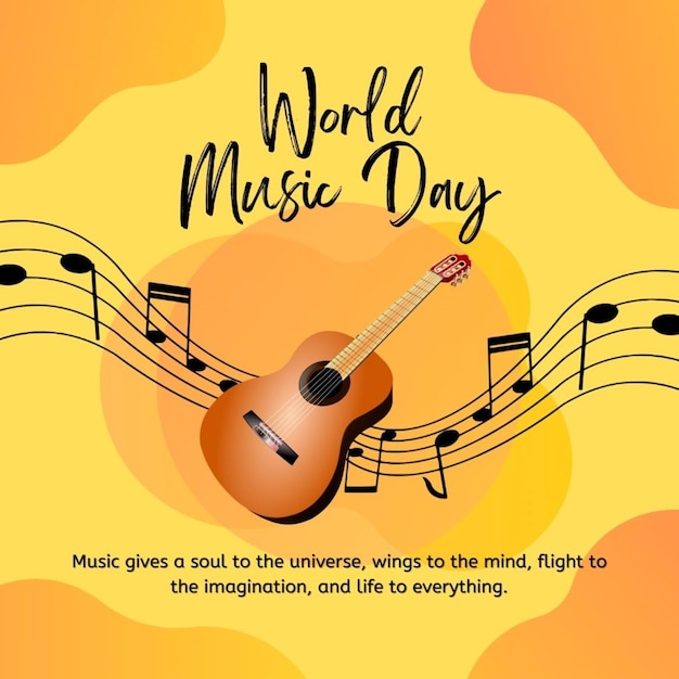 poster musicale per la Giornata Mondiale della Musica con note musicali su sfondo giallo