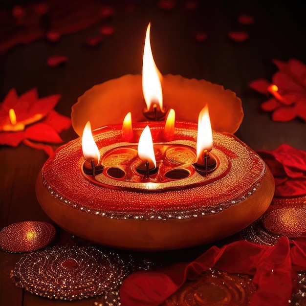 Poster o banner Happy Diwali con lampade a olio illuminate