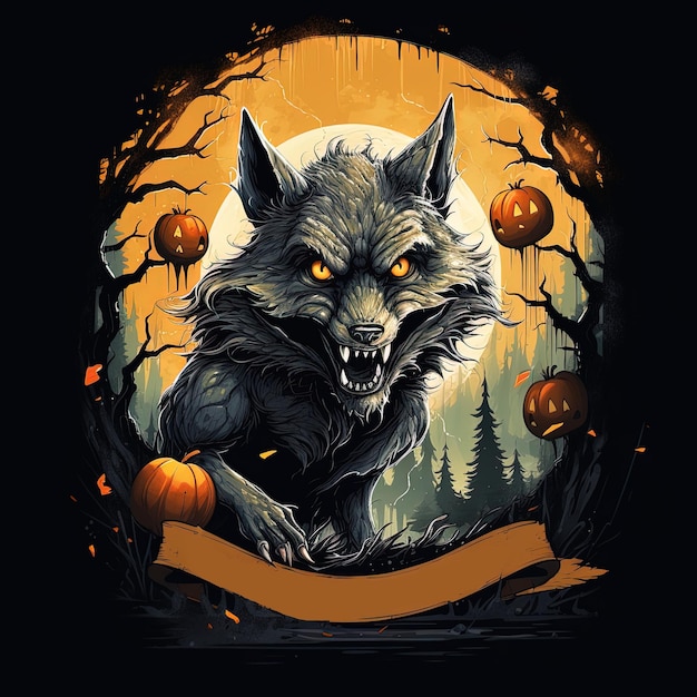 Poster o modello per lo sfondo di Halloween con la luna della foresta del lupo spaventosa