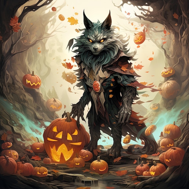Poster o modello per lo sfondo di Halloween con la luna della foresta del lupo spaventosa