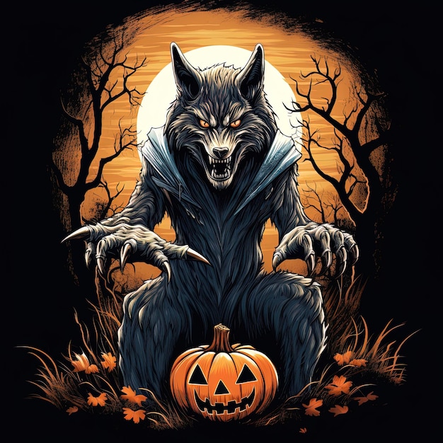 Poster o modello per lo sfondo di Halloween con la luna della foresta del lupo spaventosa