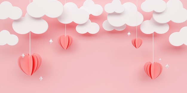 Poster o striscione con cielo pastello rosa e nuvole tagliate in carta copia spazio per il testo Buon giorno di San Valentino