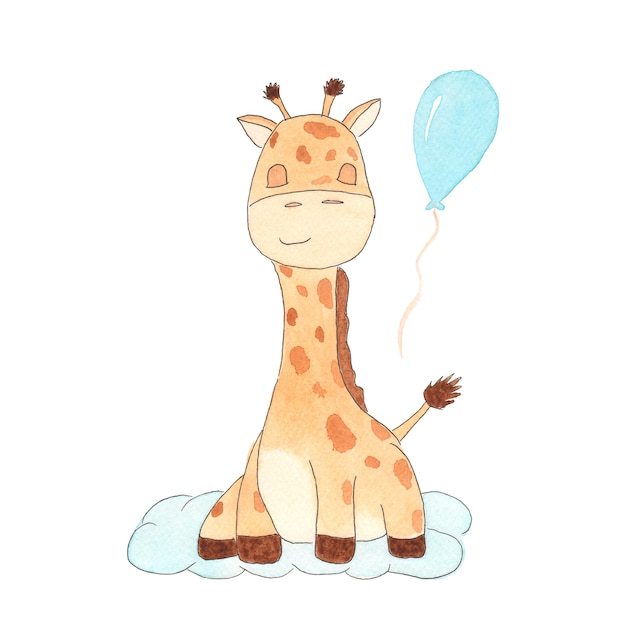 Poster per bambini di una giraffa seduta su una nuvola Disegno ad acquerello di una giraffa