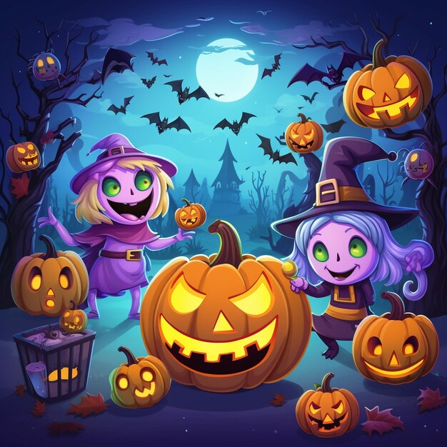 Poster per la festa di Halloween per bambini zucche in stile cartone animato