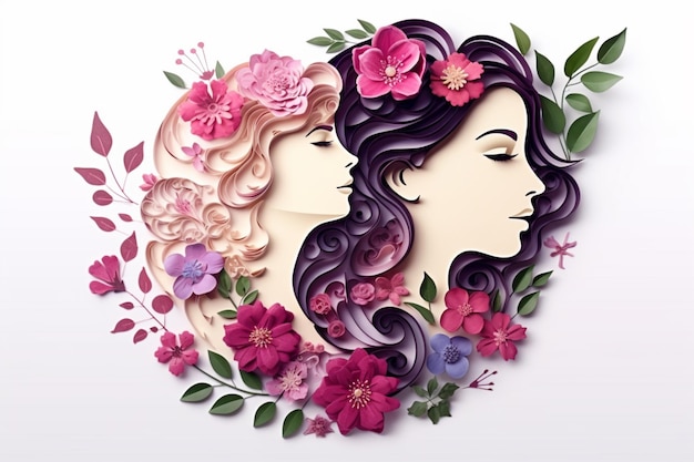 Poster per la Giornata Internazionale della Donna con profili femminili e fiori in stile applique