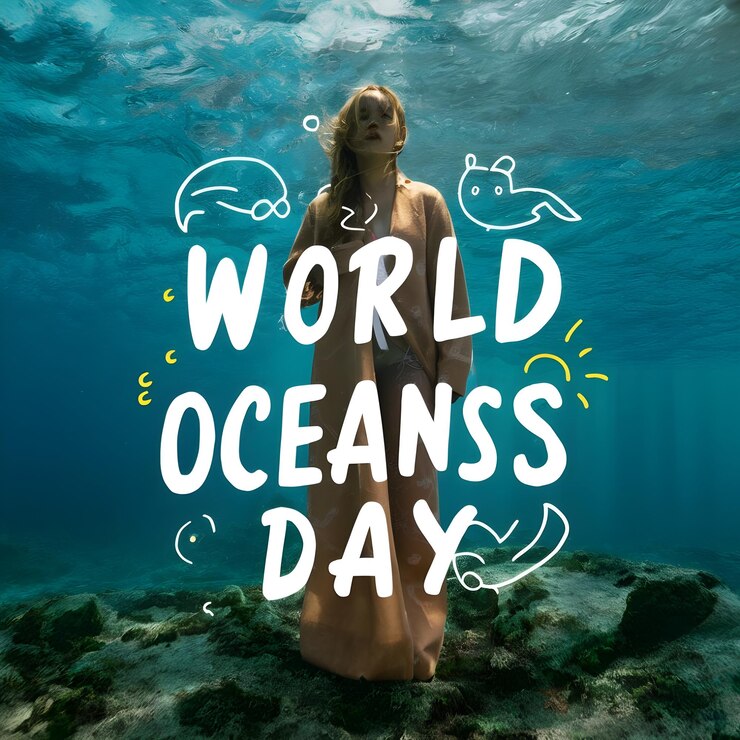 poster per la giornata mondiale degli oceani con un cerchio verde sullo sfondo