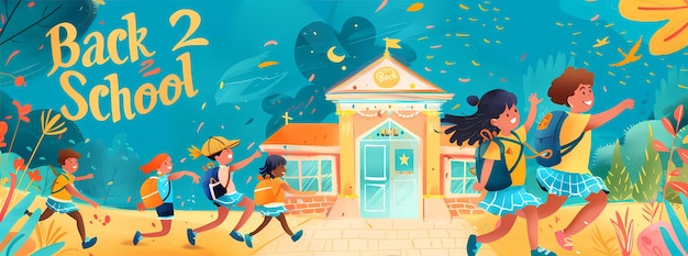 Poster per la promozione del ritorno a scuola per la copertina di Facebook I bambini corrono verso una scuola