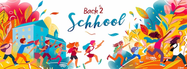 Poster per la promozione del ritorno a scuola per la copertina di Facebook I bambini corrono verso una scuola