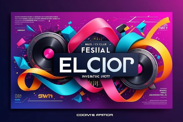 Poster pubblicitario di festival di musica elettronica Invito a feste elettriche di club moderni Illustrazione vettoriale con sfondo a nastro astratto 3D Copertina di eventi di musica da ballo