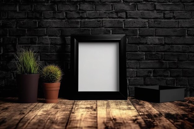 Poster quadrato nero o mockup di cornice per foto su tavolo di legno con sfondo sfocato di mattoni