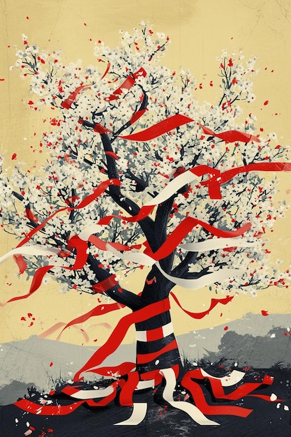 Poster raffigurante un'illustrazione stilizzata di un albero in fiore con nastri Martisor rossi e bianchi