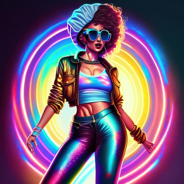 Poster retrò degli anni '80 con una ragazza in abiti colorati AI generativa