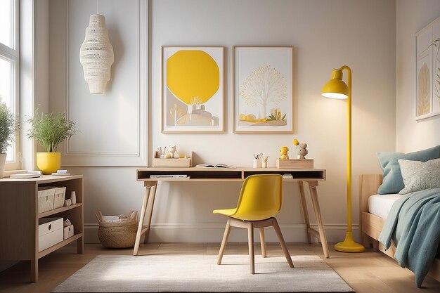 Poster su cavalletto accanto a scrivania di legno e sedia bianca nell'interno della stanza dei bambini con lampada gialla