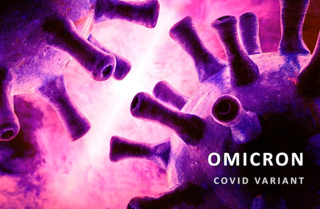 Poster variante Omicron COVID19 banner viola con germi di coronavirus