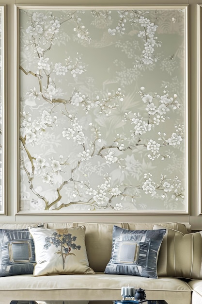 Poster verticale con carta da parati in stile Chinoiserie in un soggiorno con accenti floreali combinati con