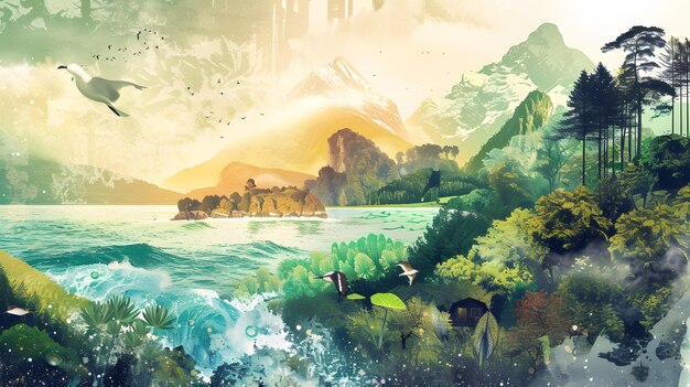 Poster vibrante della Giornata della Terra Paesaggi verdi Oceani blu e cieli limpidi raffigurati in modo dinamico