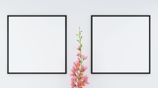 Poster vuoto mock up frame in muro bianco e fiore stick rendering 3D