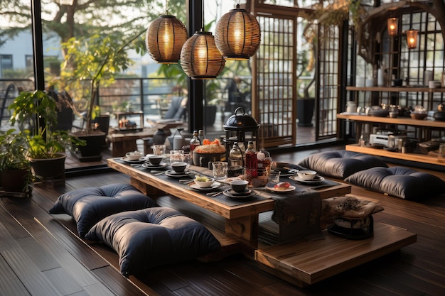 posti a sedere sul pavimento della sala da pranzo giapponese fotografia pubblicitaria professionale