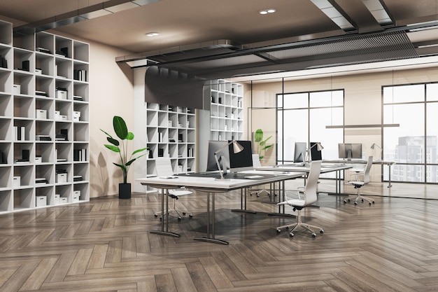Posti di lavoro accoglienti in uno spazioso ufficio di interior design ecocompatibile con computer moderni su tavoli bianchi enorme armadio per ufficio su pavimento in parquet di sfondo e vista sulla città da Windows rendering 3D