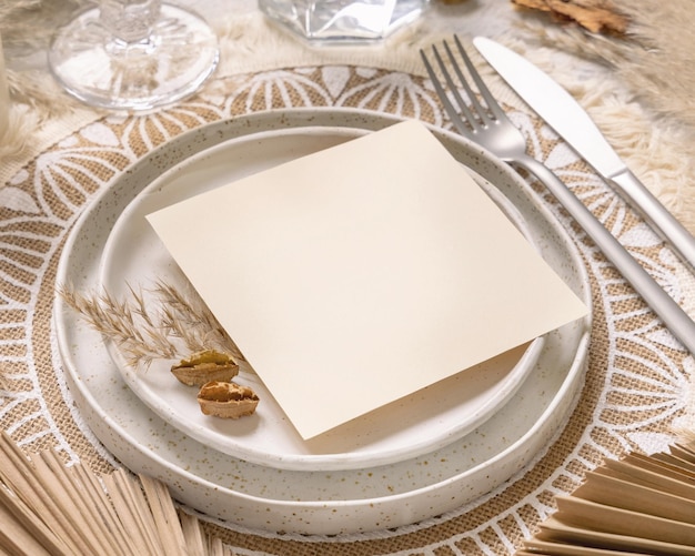 Posto della tavola di nozze con la carta in bianco quadrata sul piatto sulla vista superiore della tovaglietta bohémien. Modello di carta di matrimonio Boho. Modello beige tropicale con piante essiccate, foglie di palma ed erba di pampa