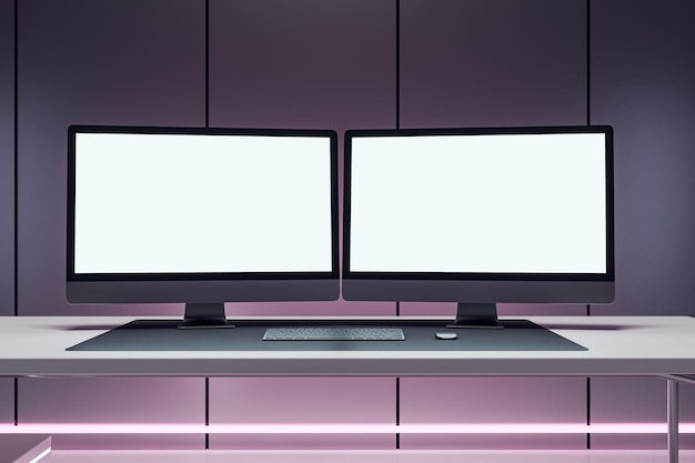 Posto di lavoro blu rosa astratto con due monitor di computer mock up bianchi vuoti Rendering 3D del concetto di spazio di lavoro degli hacker