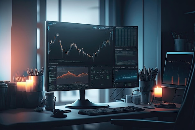 Posto di lavoro del commerciante Monitor del computer con i grafici del mercato azionario sullo schermo IA generativa