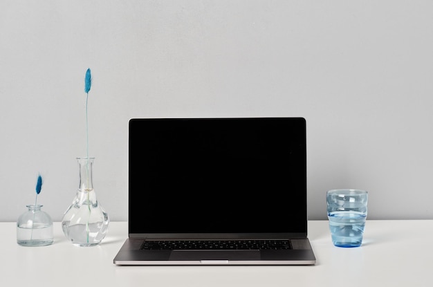 Posto di lavoro in ufficio con vasi per laptop con fiori decorativi e bicchiere d'acqua nei colori bianco e blu