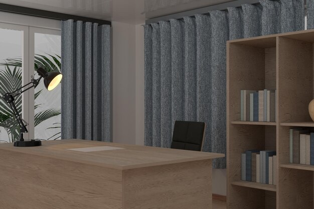 Posto di lavoro privato con scrivania in legno e lampada decorativa rendering 3d