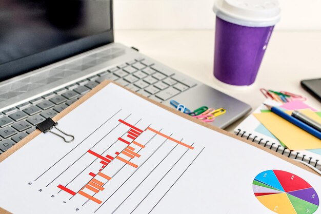 Posto di lavoro scrivania da ufficio con laptop grafici smartphone e caffè Vista dall'alto