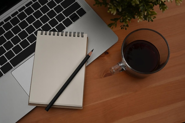 Posto di lavoro semplice con la tazza di caffè del blocco note del computer portatile e la pianta in vaso sul tavolo di legno