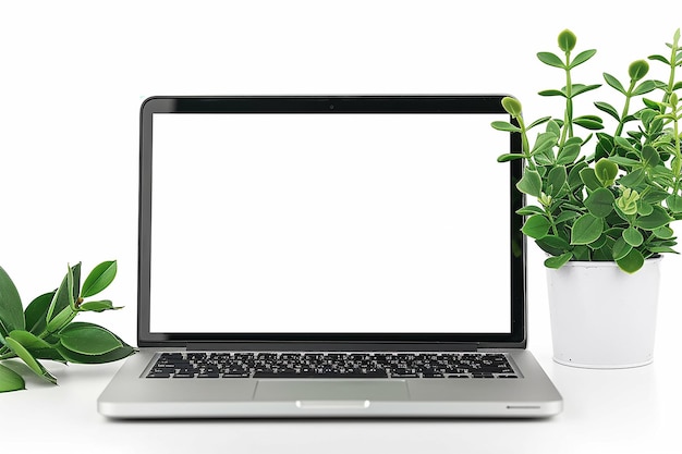 posto di lavoro studentesco per lo studio con laptop su un tavolo con sfondo bianco