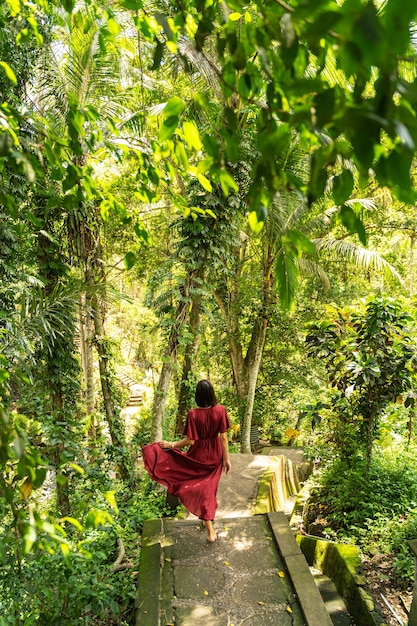 Posto preferito. Persona femminile gentile che guarda avanti mentre corre al piano di sotto su un sentiero di pietra, natura esotica