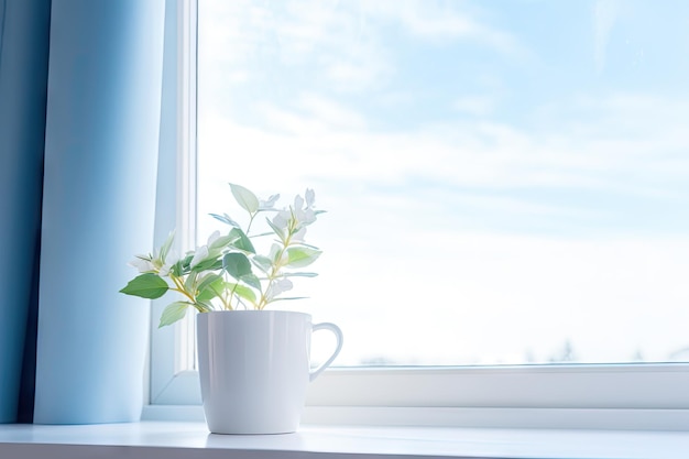 Pot bianco sul davanzale della finestra mattino presto bellissimo cielo blu e nuvole bianche sfondo casa accogliente