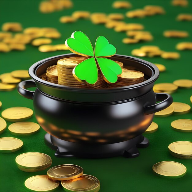 Pot nero di monete d'oro Shamrock o trifoglio St. Patrick's Day concetto
