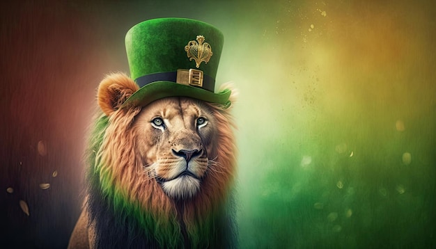 Potente leone con cappello verde che celebra il giorno di San Patrizio su sfondo sfocato IA generativa