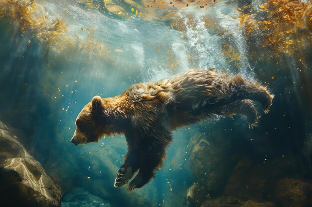Potente orso che si tuffa nel fiume Generate Ai