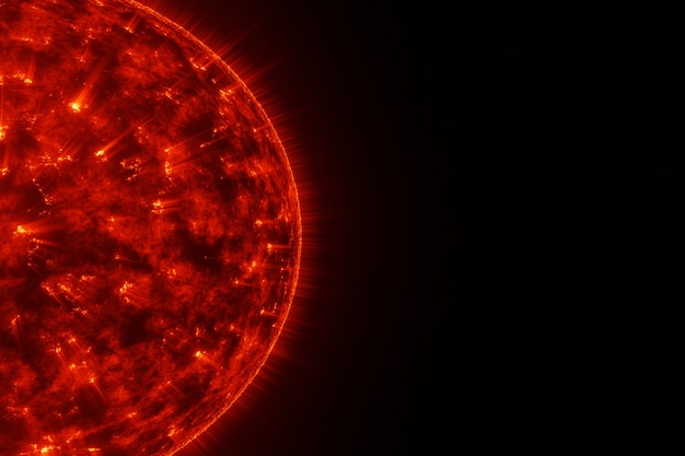 Potente sistema solare sole ardente nello spazio sul retro rendering 3D sfondo