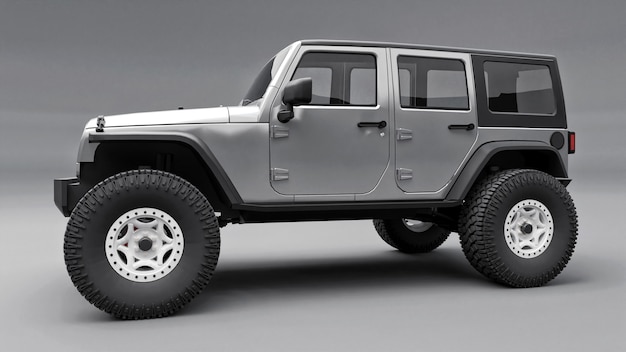 Potente SUV grigio sintonizzato per spedizioni in montagna, paludi, deserto e qualsiasi terreno accidentato. Grandi ruote, sospensione di sollevamento per ostacoli ripidi. illustrazione 3D su sfondo grigio. rendering 3D.