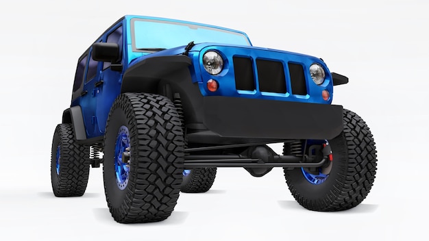 Potente SUV sintonizzato blu per spedizioni in montagne, paludi, deserto e qualsiasi terreno accidentato