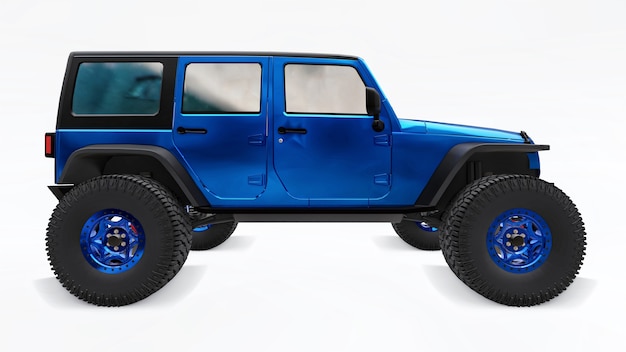 Potente SUV sintonizzato blu per spedizioni in montagne, paludi, deserto e qualsiasi terreno accidentato