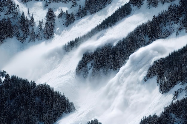 Potenza della natura Una vera e propria valanga enorme scende illustrazione raster rendering 3D