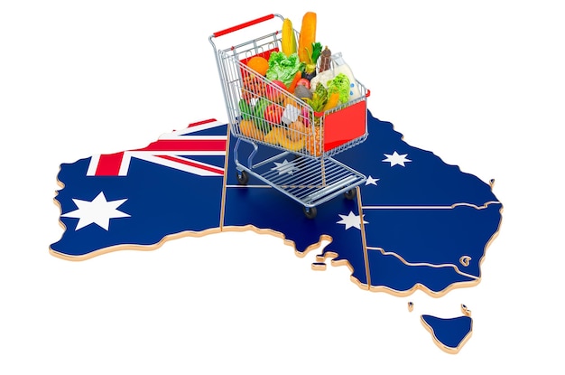 Potere d'acquisto in Australia concetto Carrello della spesa con mappa australiana rendering 3D