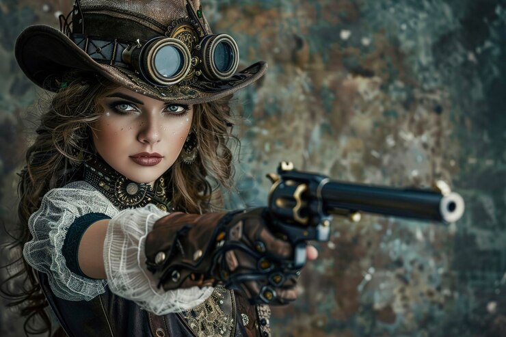 Potret seorang wanita steampunk cantik memegang pistol
