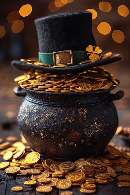 Pottino nero con monete d'oro, ciambelle, cappello di leprechaun, biglietto festivo di San Patrizio.